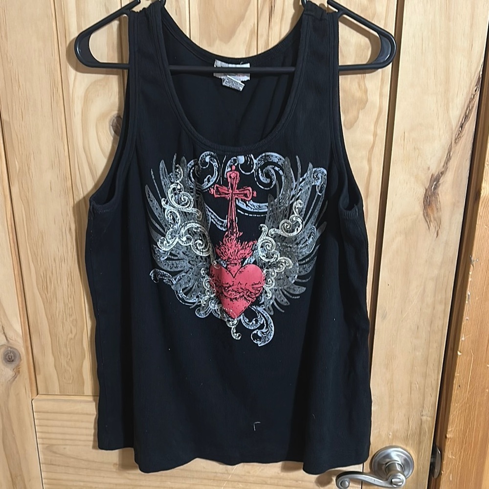 Self Esteem Black Tank Top with Red Heart and Cross Design